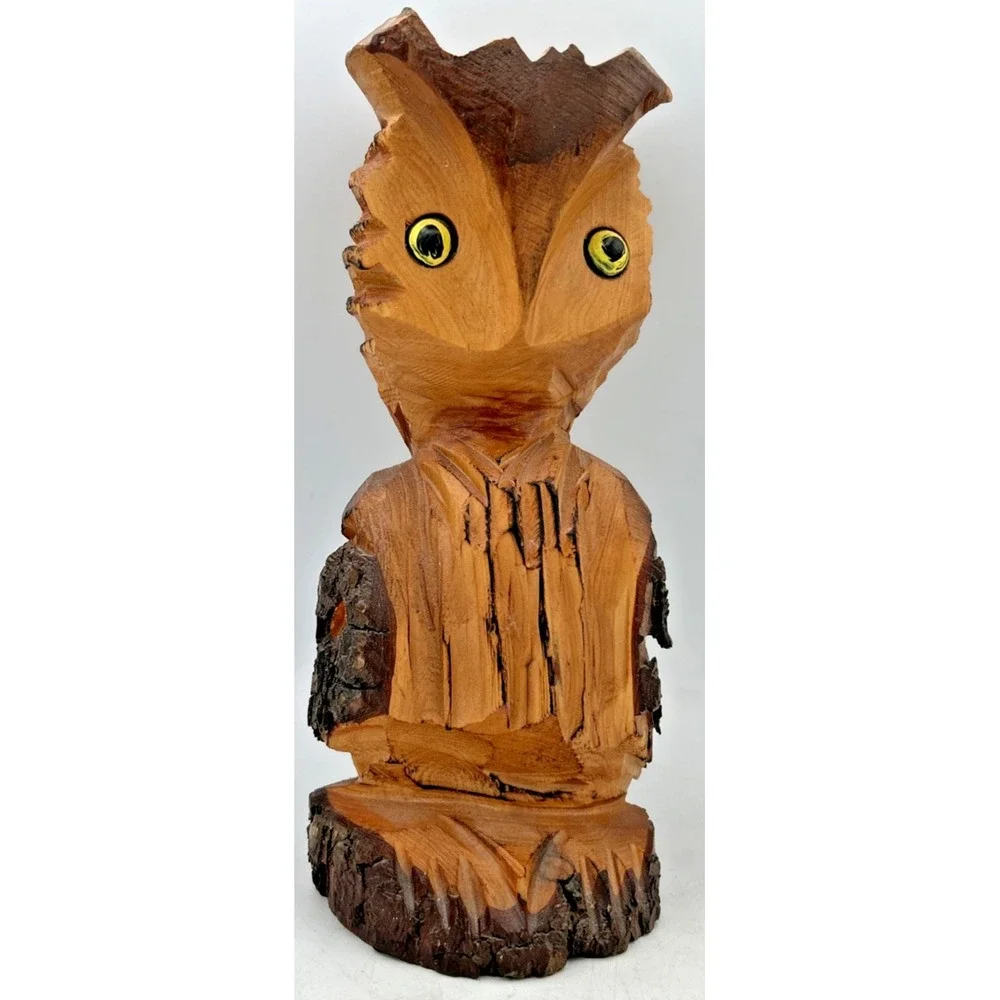Vintage Handcarved Long Eared Owl On Tree Stump Figure 9 3/8